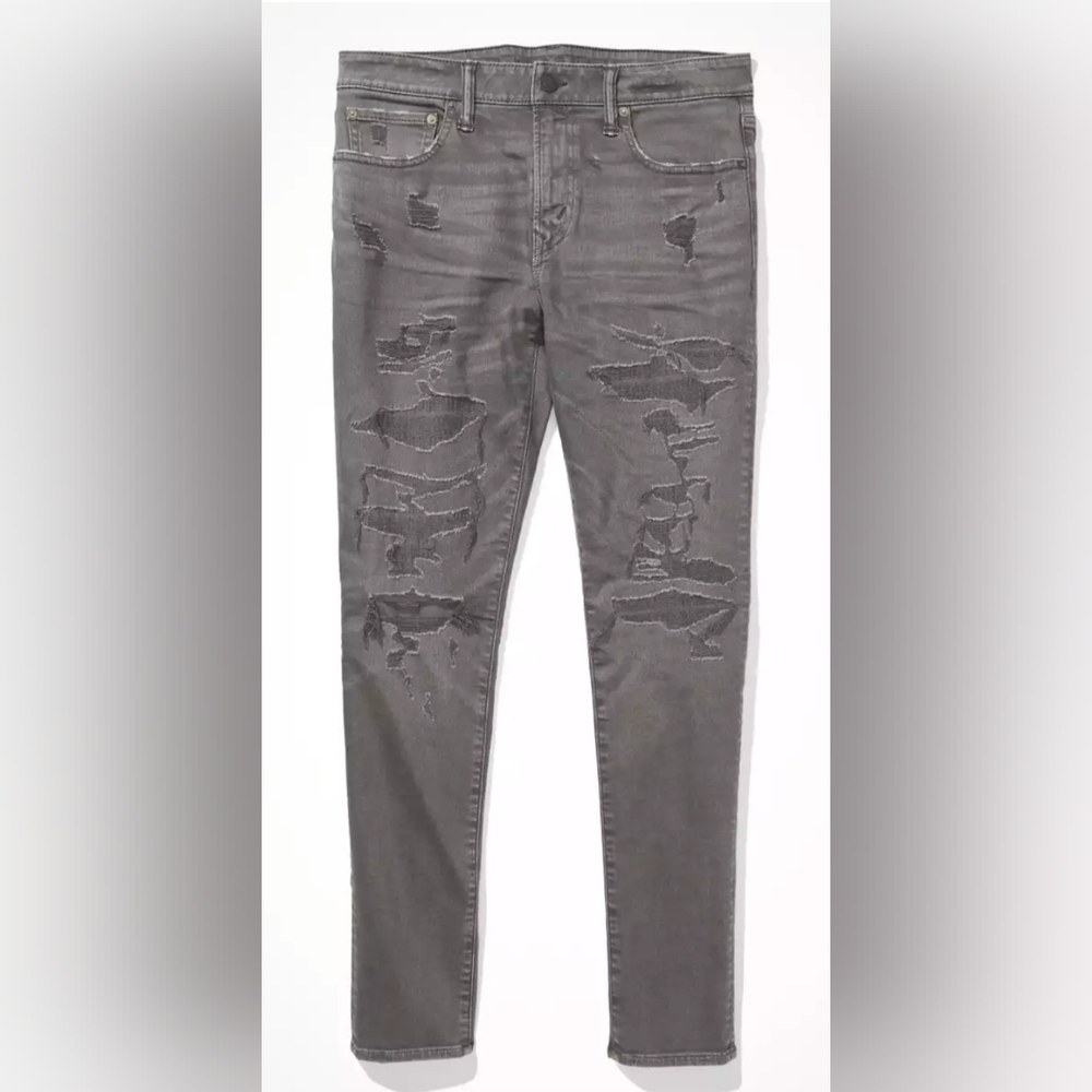 American Eagle AirFlex+ Patched Athletic Skinny Jean, Smoked Gray, Size 26/30